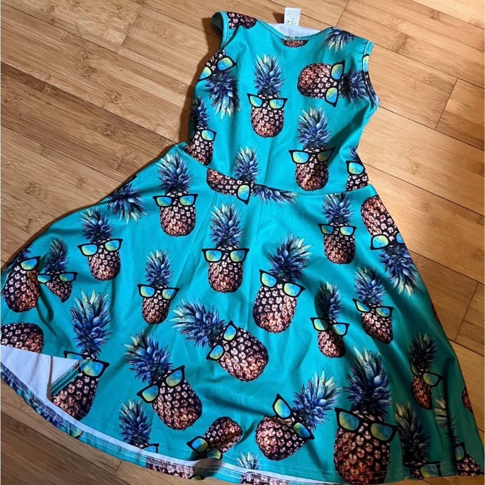 Girls Pineapple Dress Size L (10) Teal Skater Style